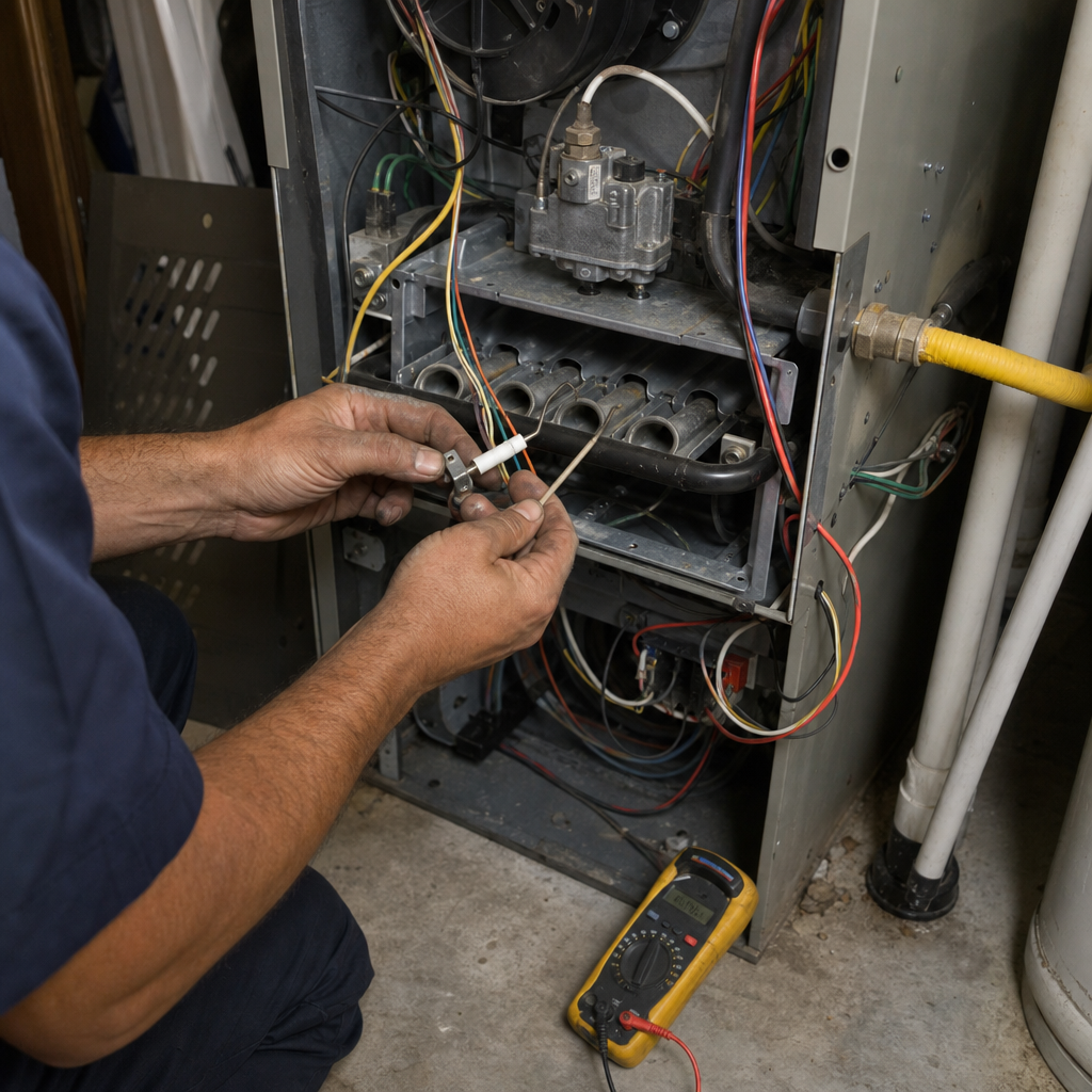 HVAC technician testing a gas furnace igniter with a multimeter